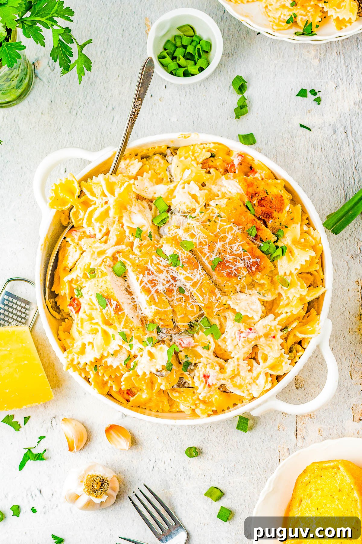 Overhead image of a dish of Creamy Cajun Chicken Pasta.