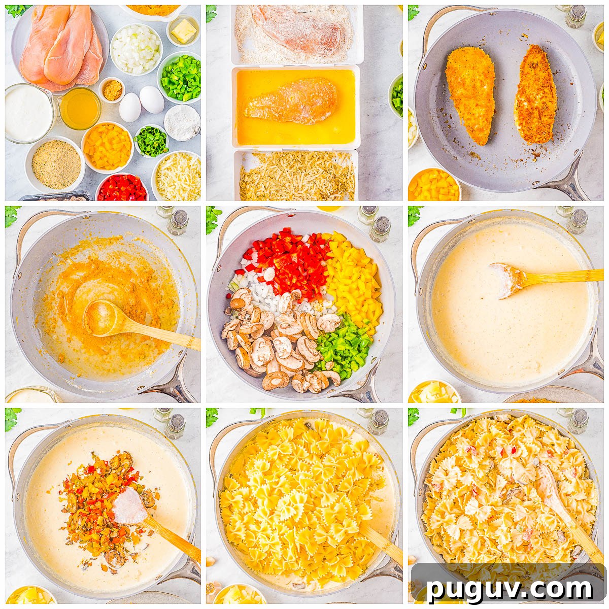 A collage of images showing how to make copycat Chili's Cajun chicken pasta.