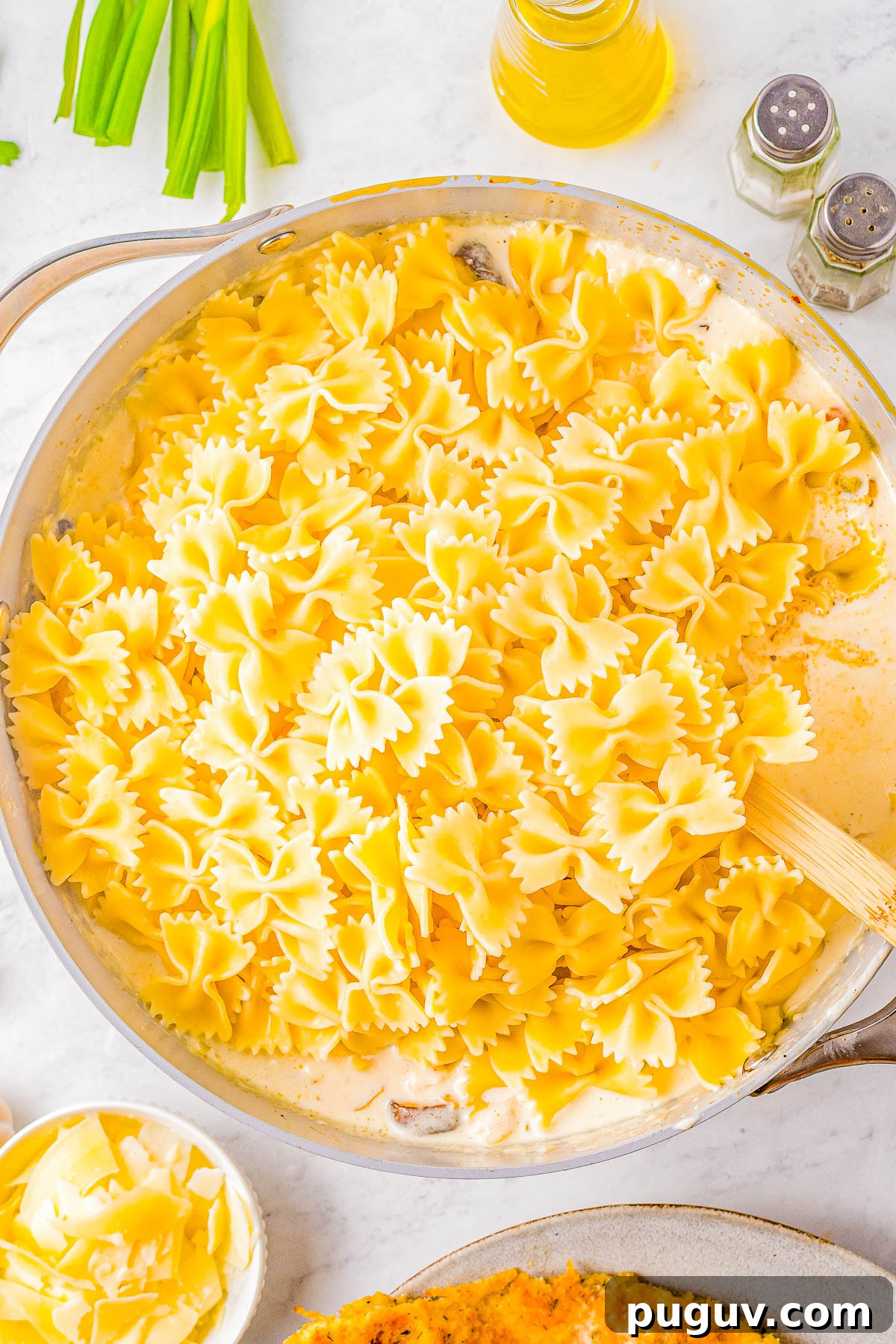 Cooked bow tie pasta.