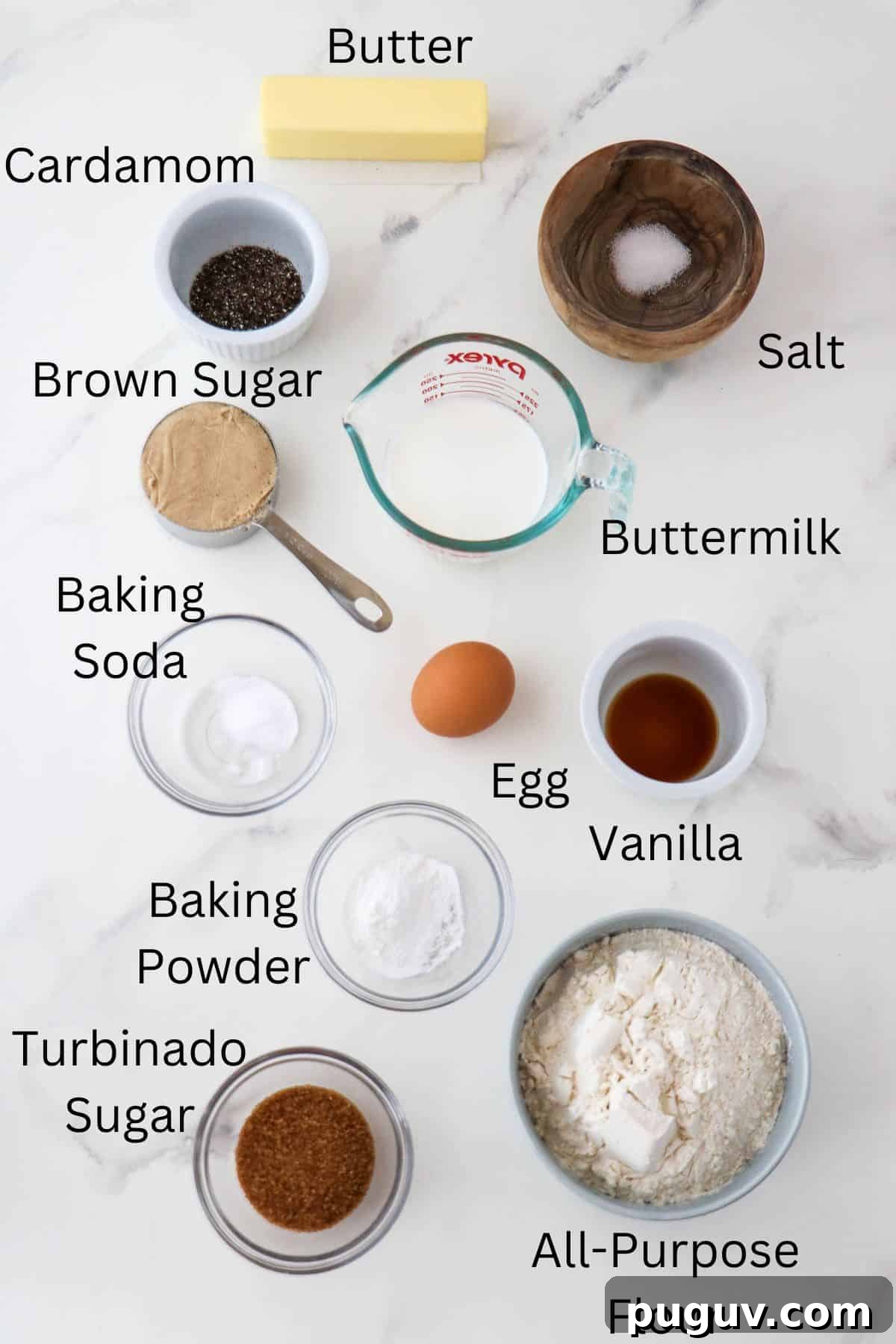 Brown Sugar Cardamom Scones Recipe for Tender, Buttery Pastries 3 Labeled ingredients for Brown Sugar Cardamom Scones.