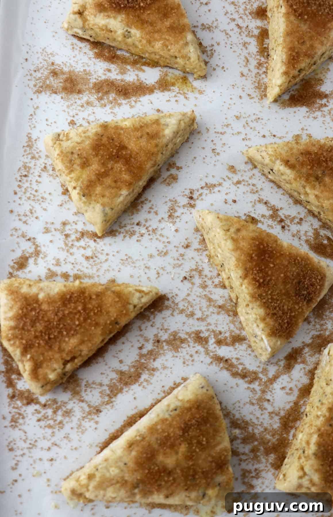 Brown Sugar Cardamom Scones Recipe for Tender, Buttery Pastries 10 Unbaked Brown Sugar Cardamom Scones on a baking sheet.