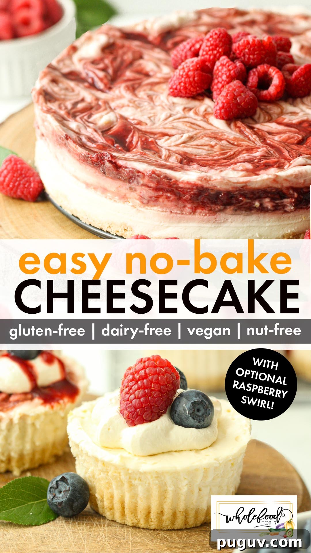 No-bake Dairy-free Cheesecake - An EASY dessert option that is also gluten-free, nut-free, egg-free, and vegan. Minimal prep with beautiful delicious results! Perfect summer dessert for BBQs, potlucks, July 4th, or Memorial Day.
