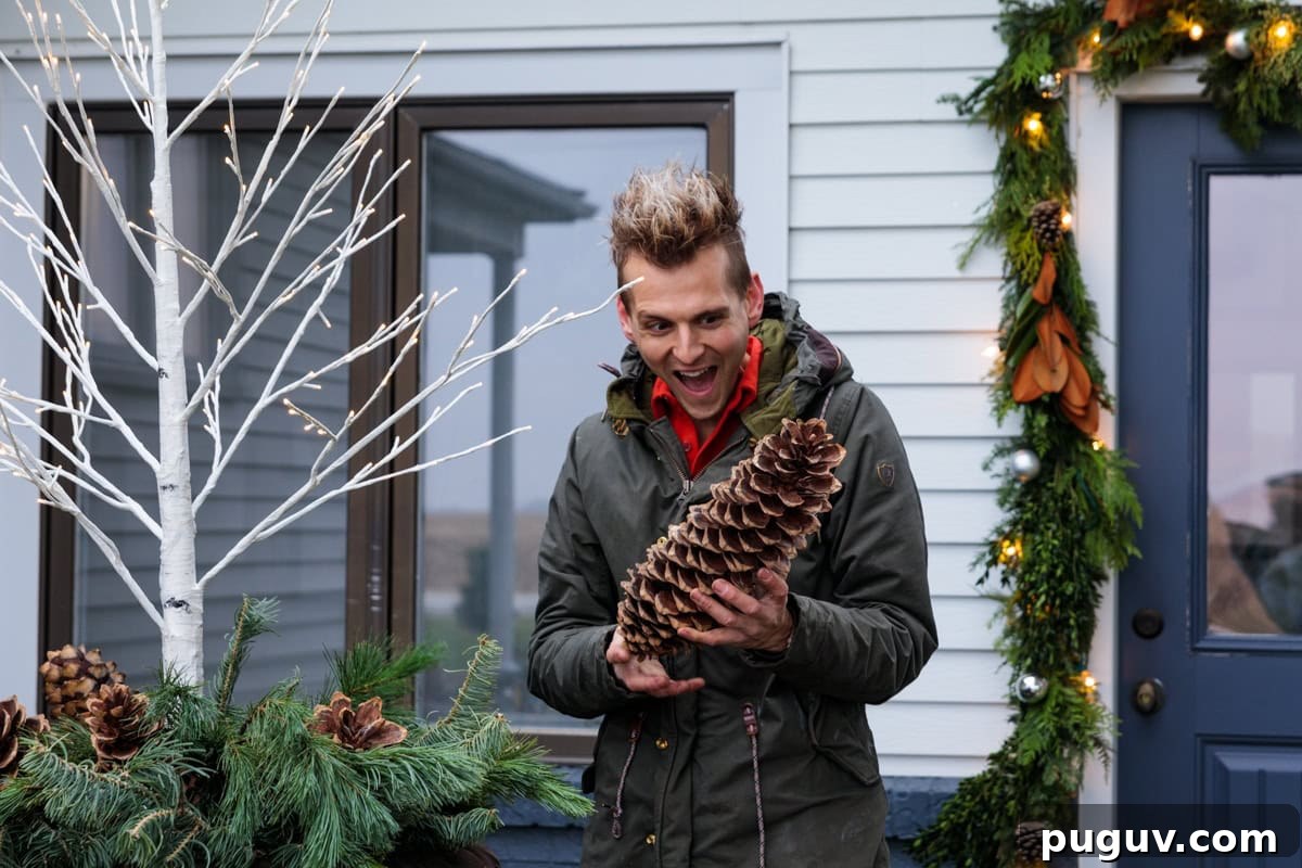 Kaleb Wyse holding a huge pinecone about to place it outside for some outdoor Christmas decor with a shocked look on his face.