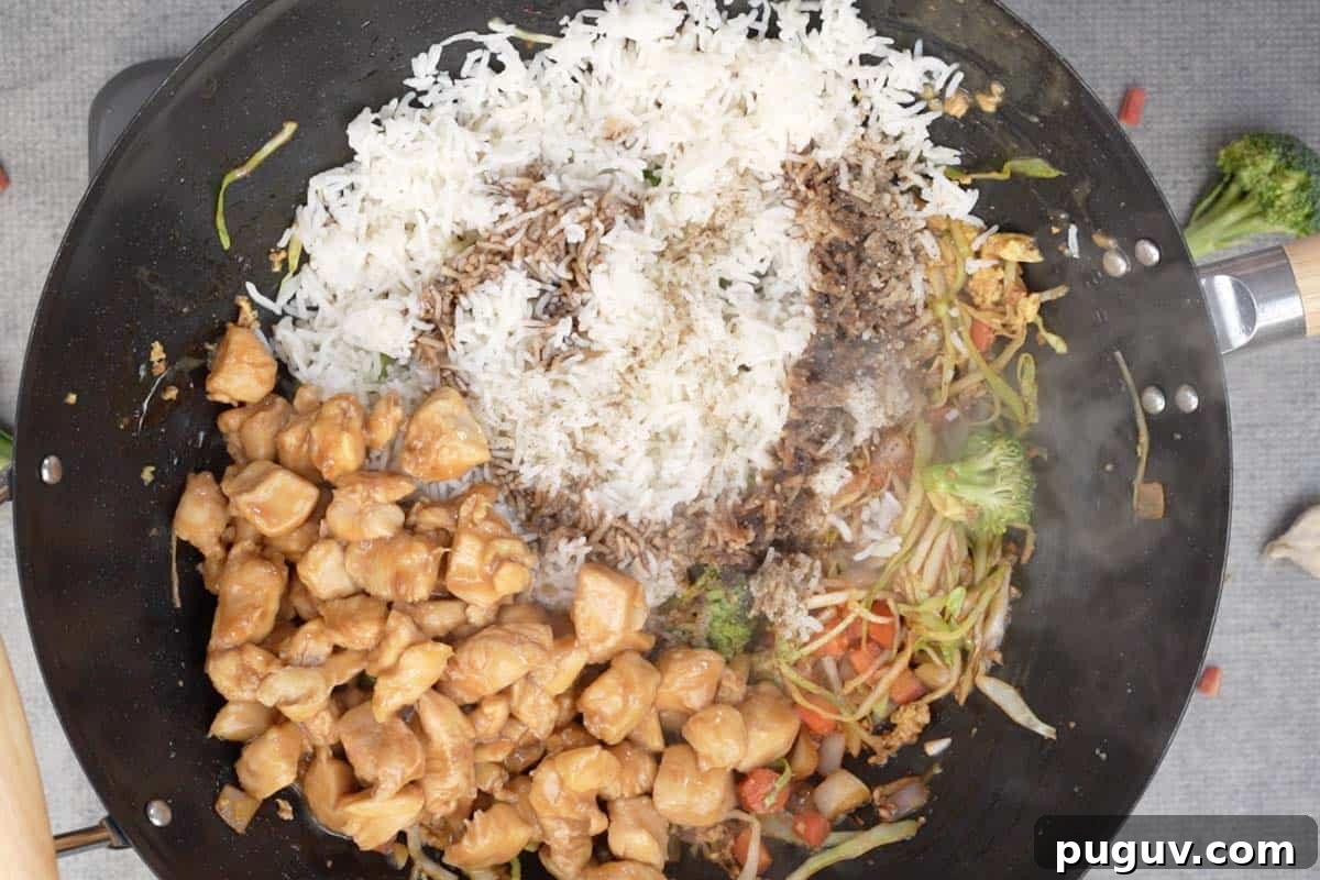 Cooked rice and chicken added to wok.