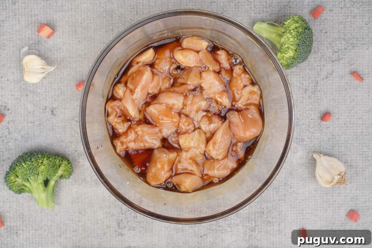 Chicken mixed with teriyaki sauce.