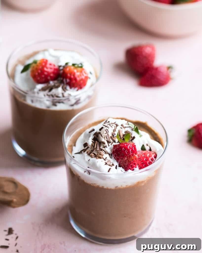 Healthy Chocolate Chia Mousse in glasses with whipped cream