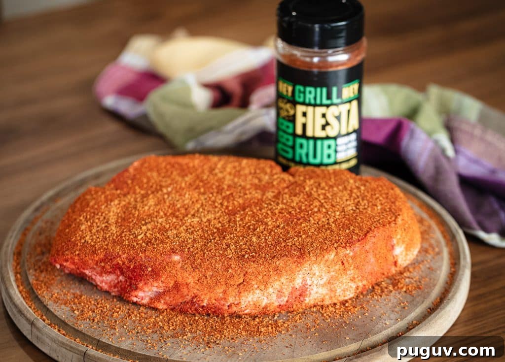 Seasoned chuck roast next to a bottle of rub.