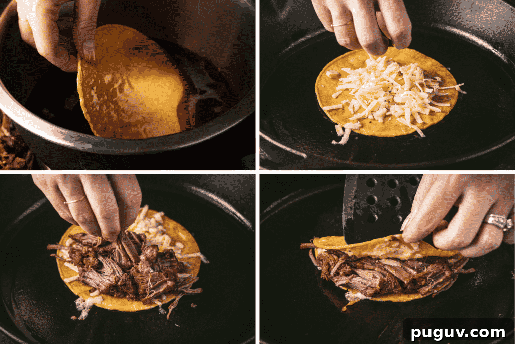 Four-image collage of the process of layering ingredients to make a birria taco.