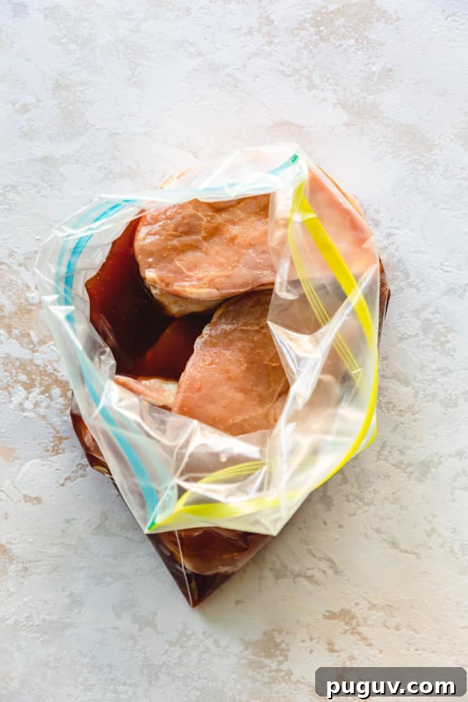 Pork chops in a plastic bag with marinade.