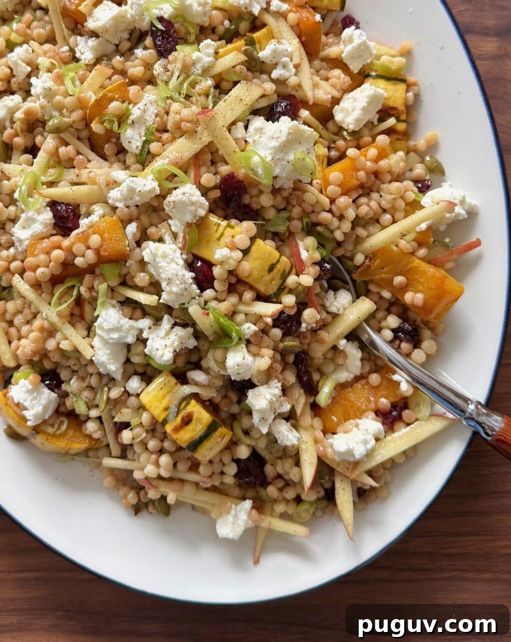 Close up of fall couscous salad with delicata squash, apple, and cranberries.