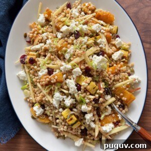 Overhead shot of fall couscous salad on a platter.