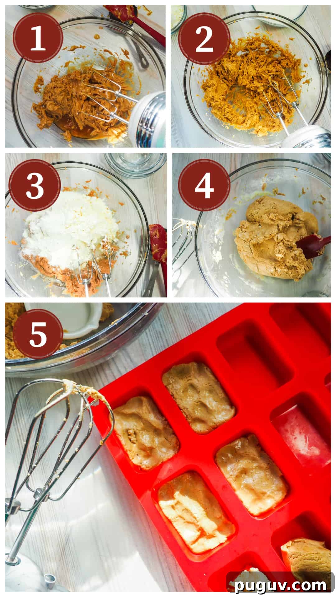 A collage of images showing the process of making peanut butter perfect bars using a glass bowl and a hand mixer.