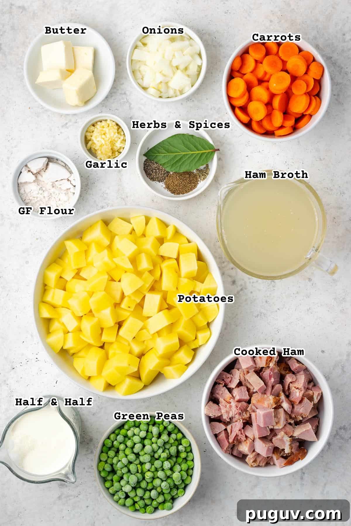 Ingredients for ham and potato soup on a countertop.