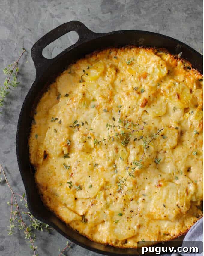 Potato Leek Casserole in a skillet