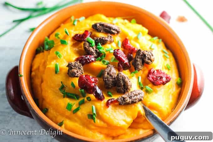 Maple Mashed Sweet Potato with Candid Pecans, Crasins and Chives