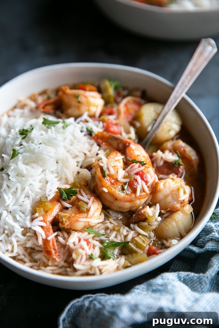 Gumbo mixed with cooked white rice in a white serving bowl.