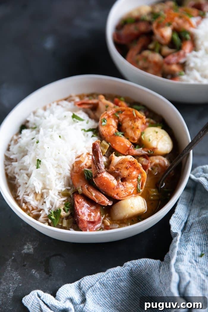 Shrimp, chicken, and sausage gumbo in white bowls and served with white rice.