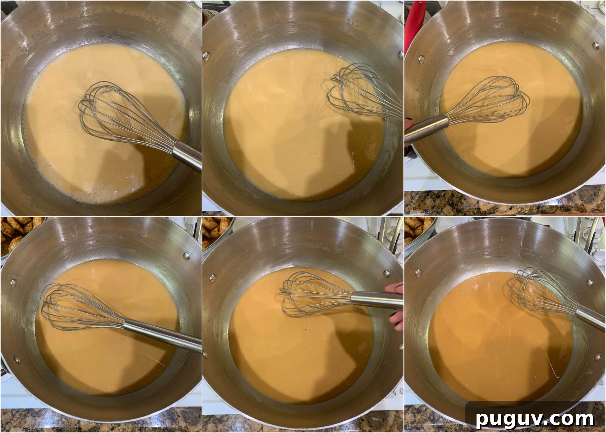 Six images in a collage showing the color progression starting from a light roux to a darker one.