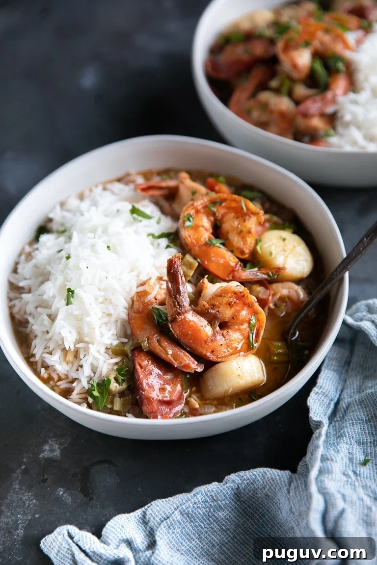 Shrimp, chicken, and sausage gumbo in white bowls and served with white rice.