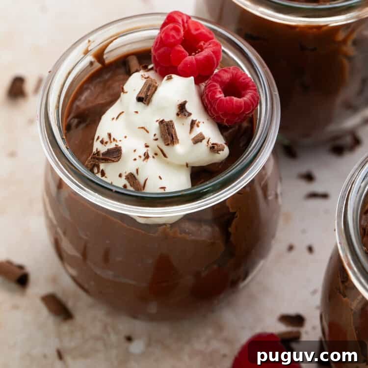 Close up of a pot of keto chocolate pudding topped with fresh raspberries, whipped cream and chocolate shavings.