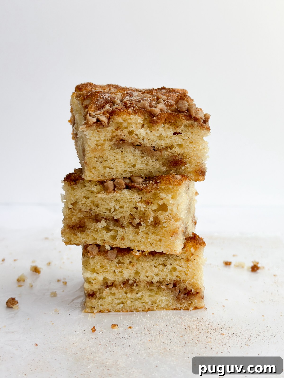 3 pieces of churro cake stacked on top of each other.