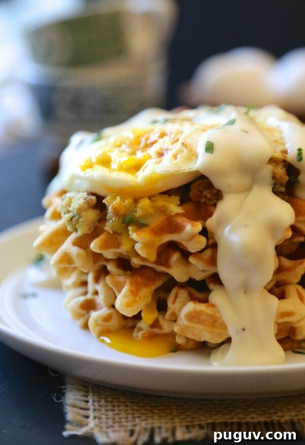 Stuffing waffles with Thanksgiving leftovers, topped with fried egg & gravy.