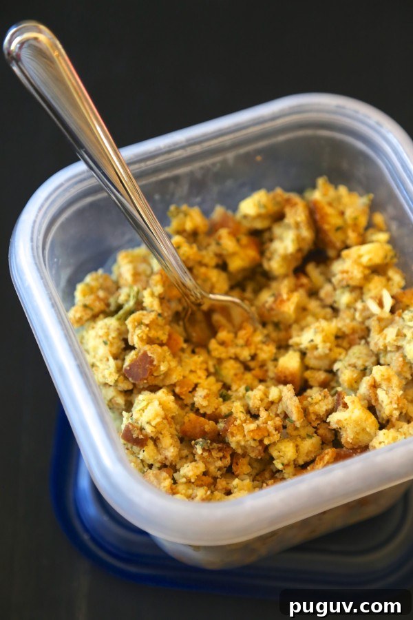 Stuffing in a tupperware container with a fork in it.