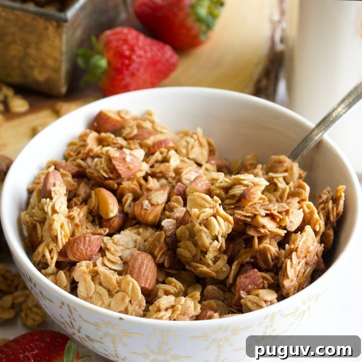 A bowl filled with homemade granola, with milk and fresh strawberries in the background.