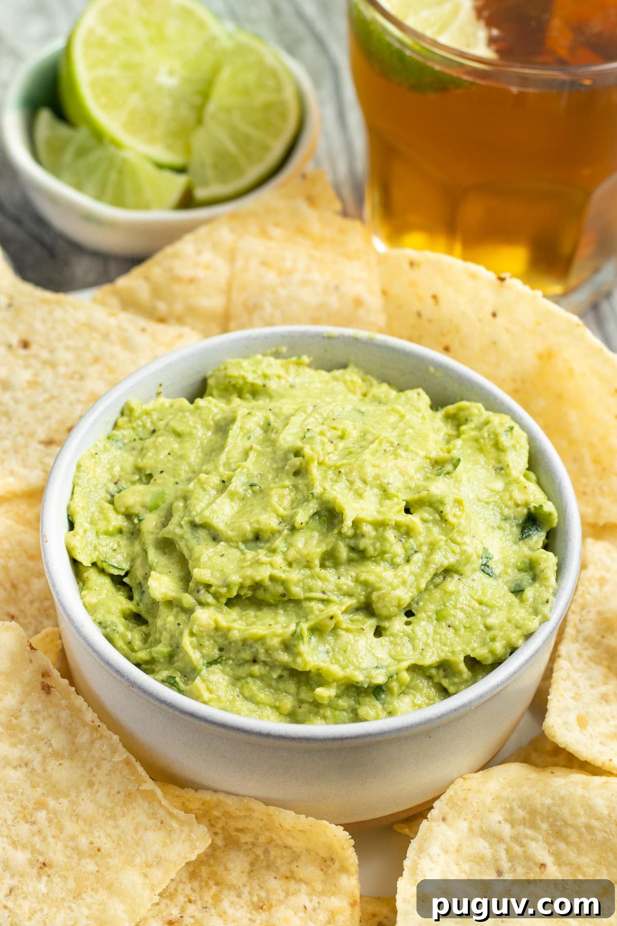 This is a picture of a bowl of guacamole with chips.